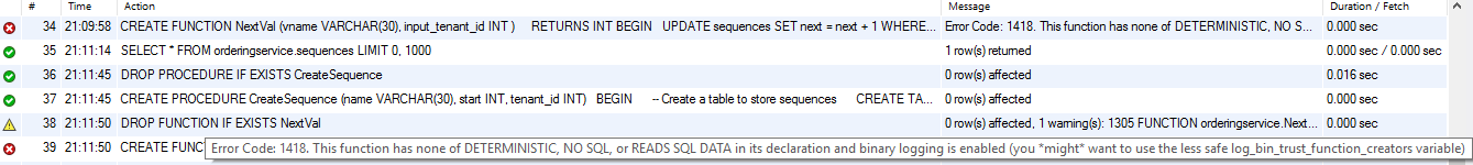 Solved MySQL issue: This function has none of Deterministic, No SQL or READS SQL DATA